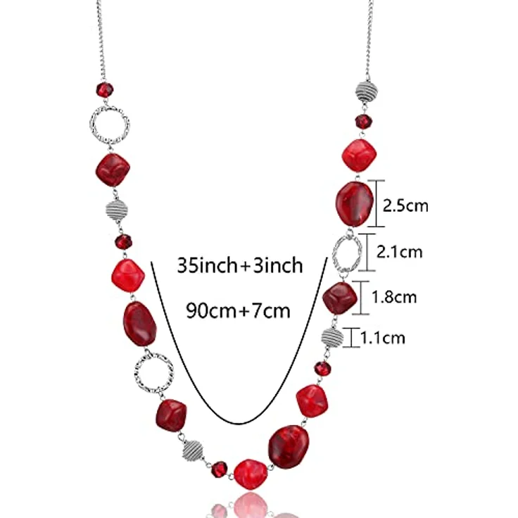 Bulinlin Silber Perplen Lange Halskette für Damen, Boho Statement Chain, 35+3 Zoll, Dunkel Hellrot, Modeschmuck Geburtstagsgeschenke – Bild 5