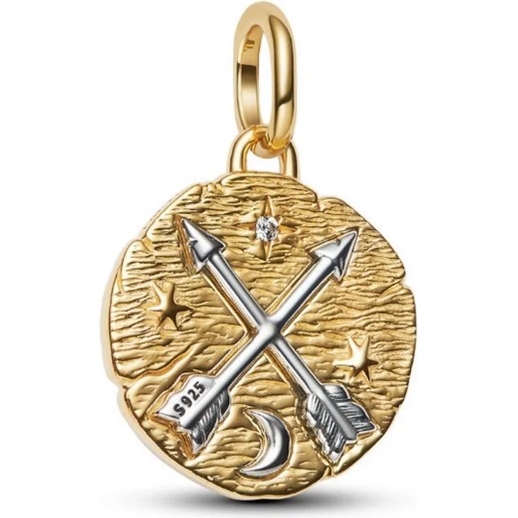 Pandora Charm-Einhänger 764081C01, gekreuzte Pfeile mit Zirkonia, Bicolor aus Sterling-Silber und 14k-vergoldeter Metallmischung