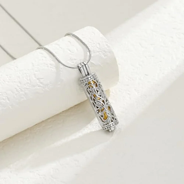 VCCWYQK Zylinder Kremation Schmuck Baum des Lebens, Edelstahl Halskette für Asche mit Gravur, 50,8 cm + 5,1 cm Verlängerung – Bild 5