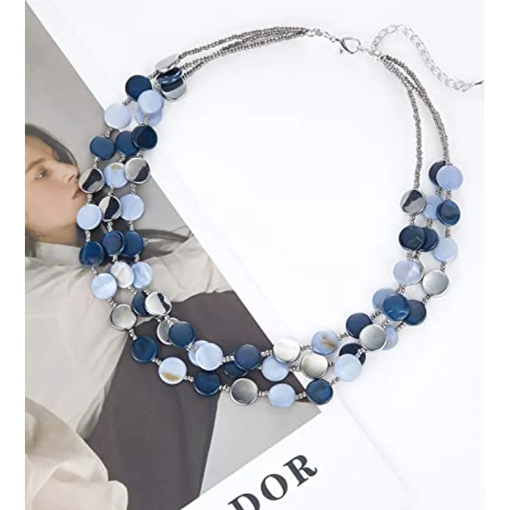 FULU AUTUMN Damen Statement Kette mit Muschel- und Silberperlen, mehrreihig, blau, 17 Zoll mit Verlängerung – Bild 2