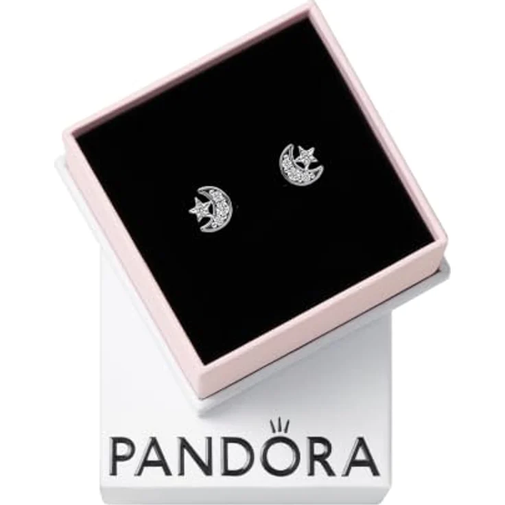 Pandora Paar Ohrstecker 292990C01, Silber Ohrringe mit Halbmond und Stern, verziert mit weißen Zirkonia, 7 x 7 mm – Bild 1