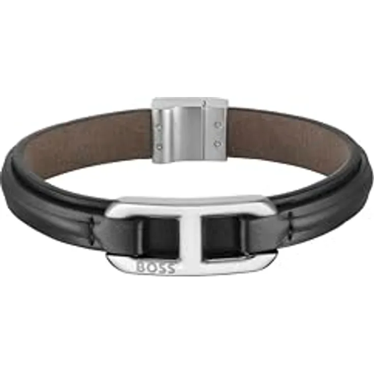 BOSS KODE Collection Herren-Armband mit schwarzem Leder, Edelstahlverschluss und BOSS Logo, 190 mm