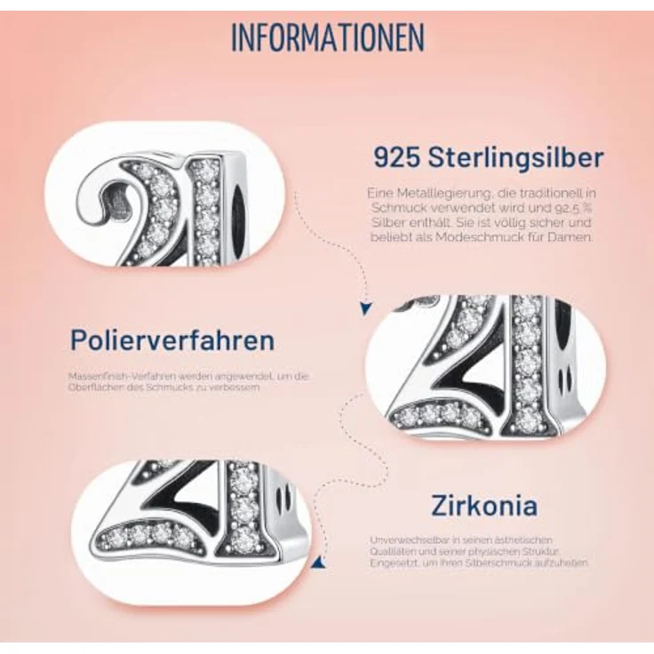 Amuefer Number 21 Charms, 925 Sterling Silber Anhänger mit 5A Zirkonia für Armbänder und Halsketten, ideales Geschenk für Frauen – Bild 5