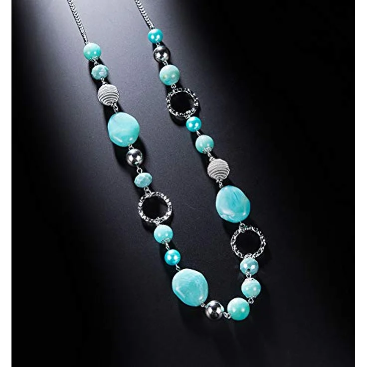 Bulinlin Damen Lange Perlenkette Boho Silber Metall mit Glaskristallperlen, turquoise, 35 Zoll plus 3 Zoll Verlängerung – Bild 4