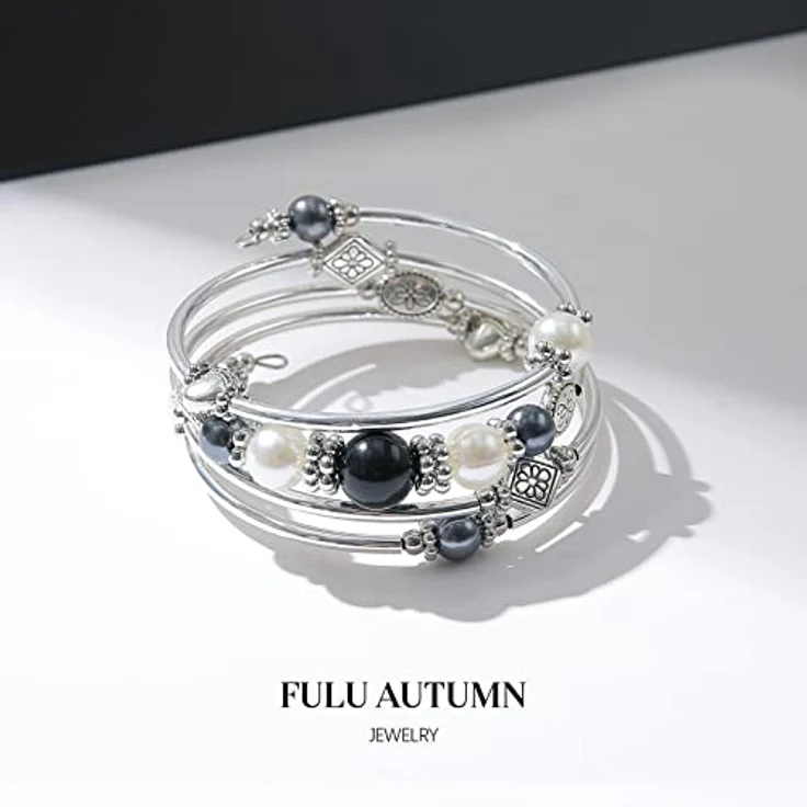 FULU AUTUMN Damen Boho Armband, mehrschichtiges Perlen Silber Wickelarmband, elegante Geschenke zum Geburtstag und Muttertag, schwarz – Bild 2