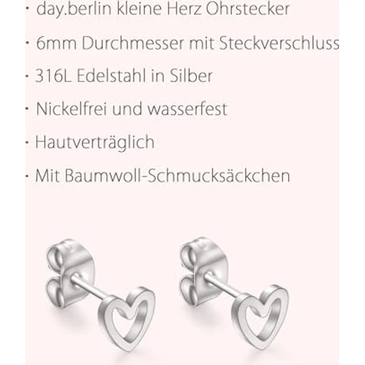 day.berlin Kleine Herz Ohrstecker aus 316L Edelstahl, 6mm Durchmesser, nickelfrei und wasserfest, Silber – Bild 3