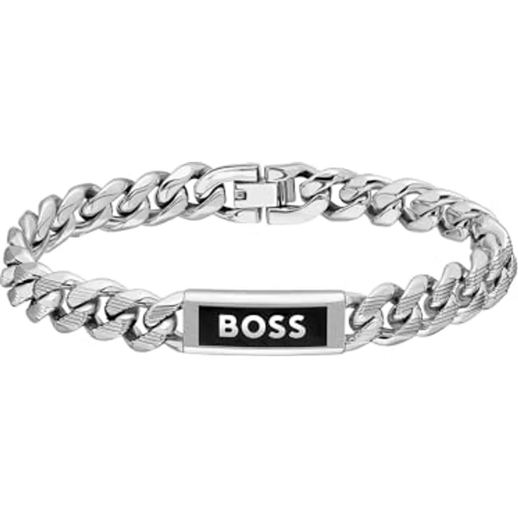 BOSS Jewelry KASSY EMBLEM Herren-Gliederarmband aus Edelstahl mit schwarzer Emaille-Platte, 190 mm Länge, Faltverschluss – Bild 1