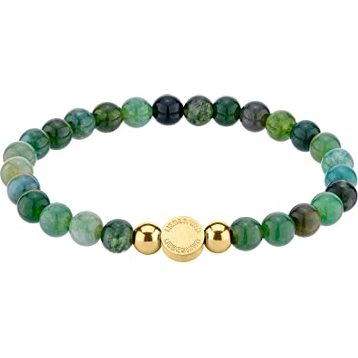LIEBESKIND BERLIN Moosachat Beads Armband, elastisches Damen-Armband aus Edelstahl und Halbedelsteinen, handgefertigt, 18 cm, IP gold Logotag – Bild 1