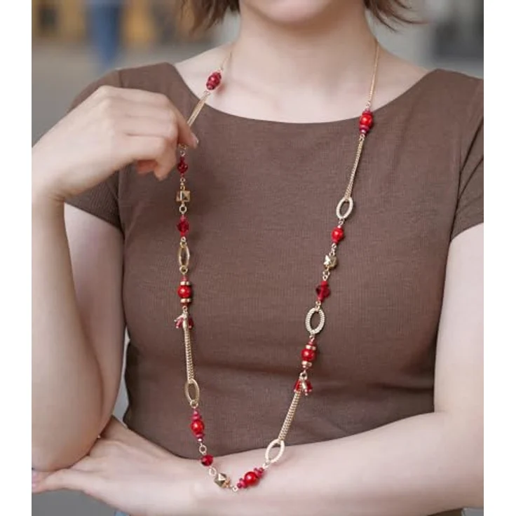 Dazylleco Lange Gold Perlenkette Damen Boho Halskette mit Natursteinen und Holzperlen, 90cm, dunkelrot – Bild 3