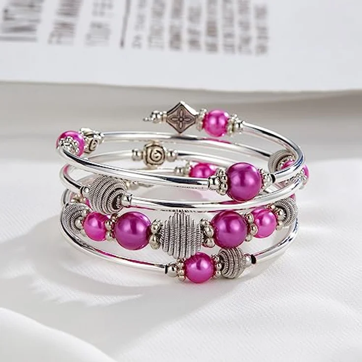 Bulinlin Wickelarmband mit Naturstein Perlen, Boho Mehrschichtig, Silber, Fuchsie, ideales Modegeschenk für Damen – Bild 3