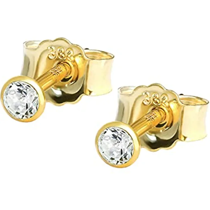 NKlaus Ohrstecker 333 Echtgold für Damen, 2 mm Zirkonia Weiß, elegantes Design, 1 Paar
