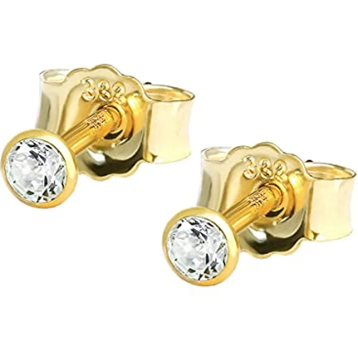 NKlaus Ohrstecker 333 Echtgold für Damen, 2 mm Zirkonia Weiß, elegantes Design, 1 Paar – Bild 1