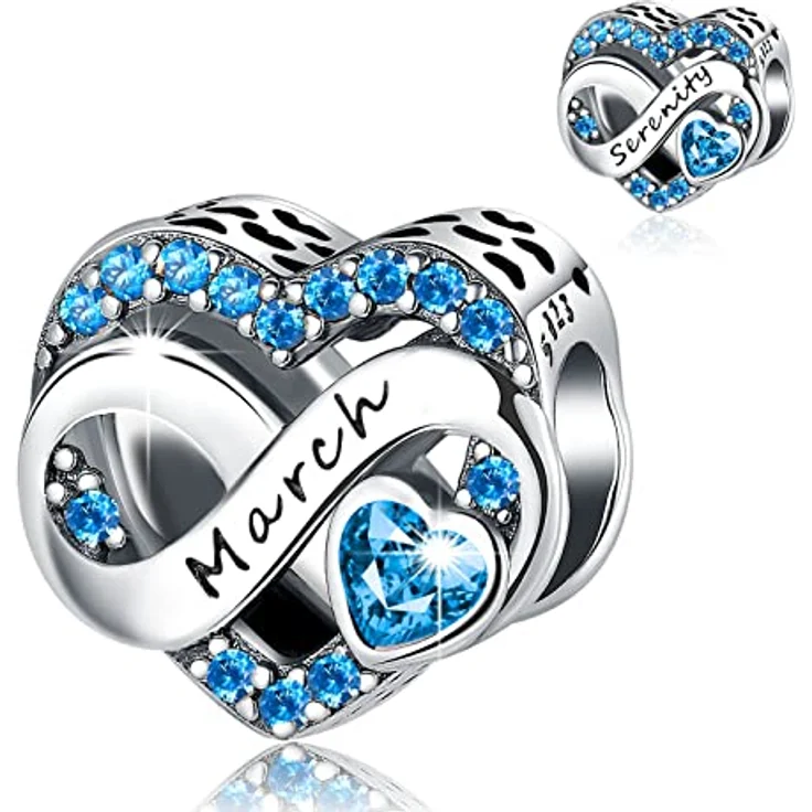 BIZK Damen Unendlichkeit Geburtsstein Charm Anhänger, 925 Sterling Silber mit blauem Zirkon für März, kompatibel mit europäischen Armbändern, ideal als Geburtstagsgeschenk – Bild 1