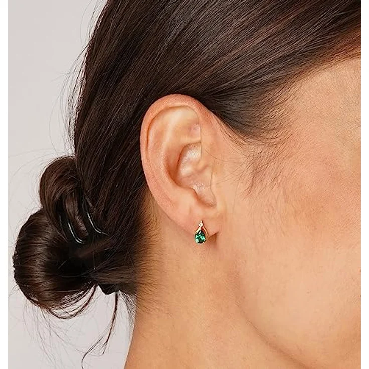 trendor Ohrstecker Gold 333 mit synthetischem Smaragd und Weißtopas, 9,8 x 5,7 mm, modischer Ohrschmuck für Damen – Bild 3