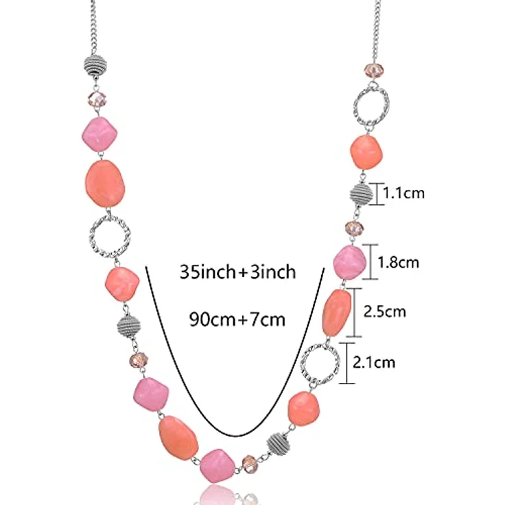 Bulinlin Silber Perplen Lang Kette für Damen, Boho Statement Chain Halskette, 35+3 inches, dunkel hellrosa, Modeschmuck zur Geschenkverpackung – Bild 5