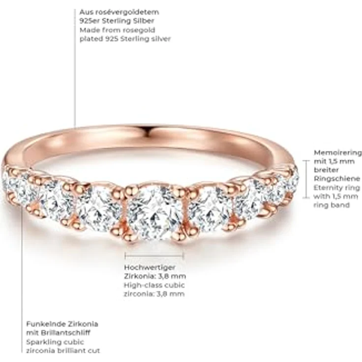Trilani Damen-Ring Verlobungsring Sterling Silber rosévergoldet mit weißen Zirkonia im Brilliant-Schliff - Memoire-Ring in Schmuckverpackung – Bild 2
