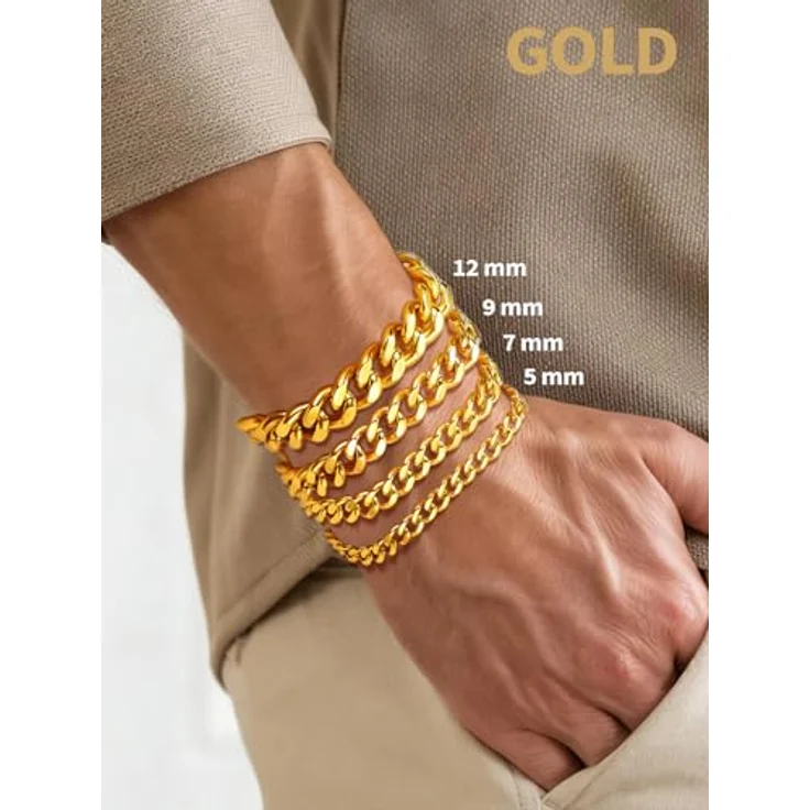 FindChic Gold Armband für Herren 12MM Breit, Kubanisches Glieder Link Armband, 21cm Länge, mit Geschenkbox – Bild 5