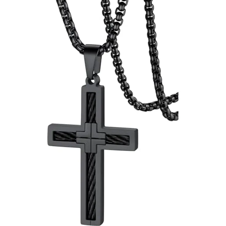 FaithHeart Kreuz Kette Herren, Edelstahl Venezianierkette mit Kreuz Anhänger, 55 cm lang, schwarz, wasserdicht und hypoallergen