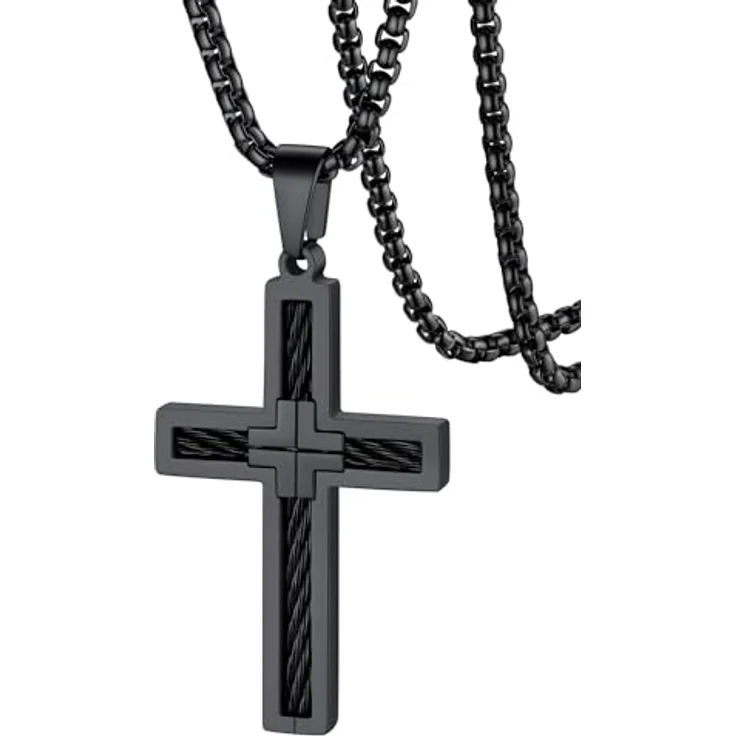 FaithHeart Kreuz Kette Herren, Edelstahl Venezianierkette mit Kreuz Anhänger, 55 cm lang, schwarz, wasserdicht und hypoallergen – Bild 1