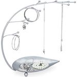Relaxdays Schmuckständer mit Ablage, dekorativer Schmuckbaum für Ketten, Ohrringe und Armbänder, 12 Zweige, silber