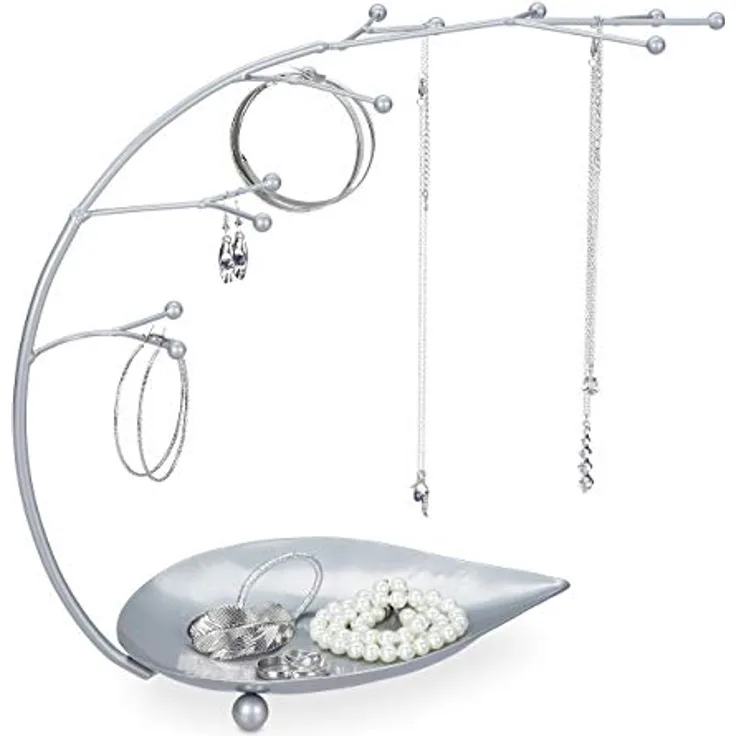 Relaxdays Schmuckständer mit Ablage, dekorativer Schmuckbaum für Ketten, Ohrringe und Armbänder, 12 Zweige, silber