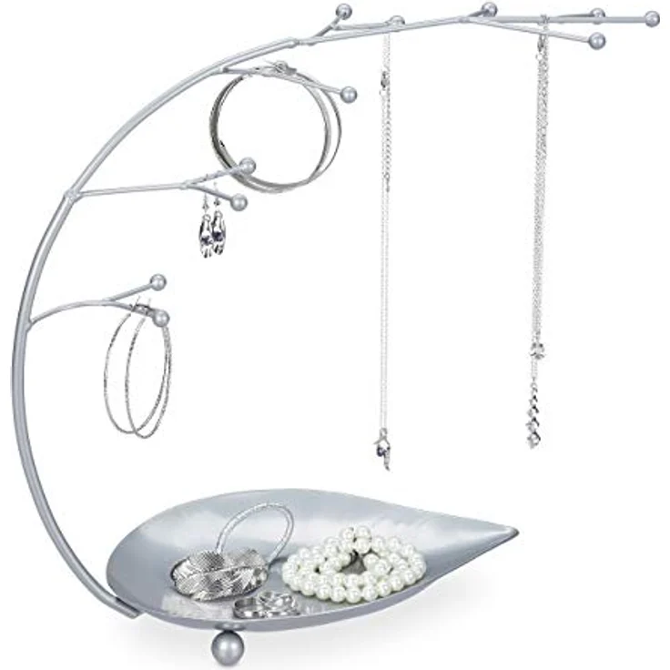 Relaxdays Schmuckständer mit Ablage, dekorativer Schmuckbaum für Ketten, Ohrringe und Armbänder, 12 Zweige, silber – Bild 1