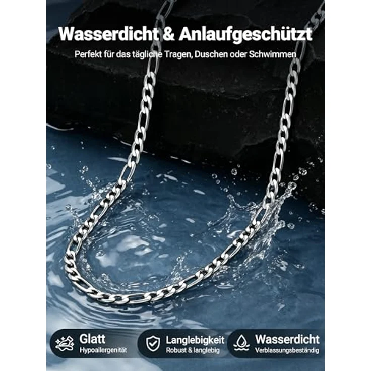 PROSTEEL Figaro Halskette Herren aus Edelstahl, 4mm Breite, 51cm Länge, Silber, hypoallergen, mit robustem Karabinerverschluss – Bild 2