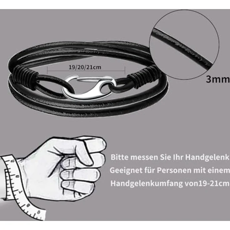 Viwind Geflochtenes Lederarmband Damen, Multilayer 21cm mit Edelstahlkarabiner, Schwarzes Rundseil, Geschenkbox – Bild 5
