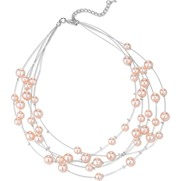 FULU AUTUMN Boho Perlenkette Damen Silber, mehrreihige Statement Kette in Pink, hypoallergen, 17" mit 2.7" Verlängerung, Geschenkbox enthalten – Bild 1