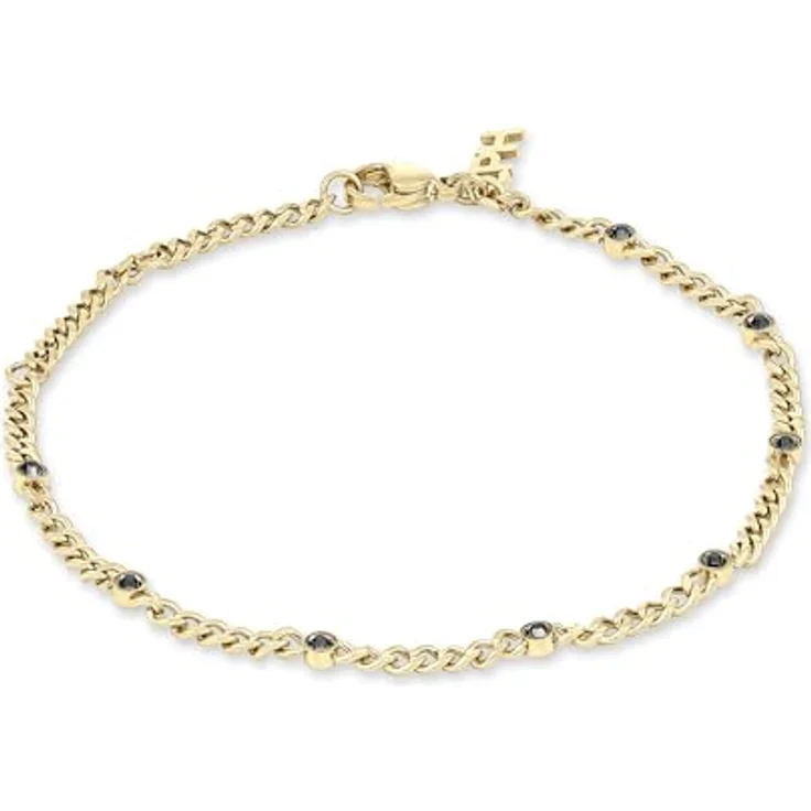 Copenhagen STUDIOS Glittery Armband, Damenarmband aus 14K vergoldetem Edelstahl mit schwarzen Strasssteinen, verstellbare Länge, wasserfest, gold – Bild 1