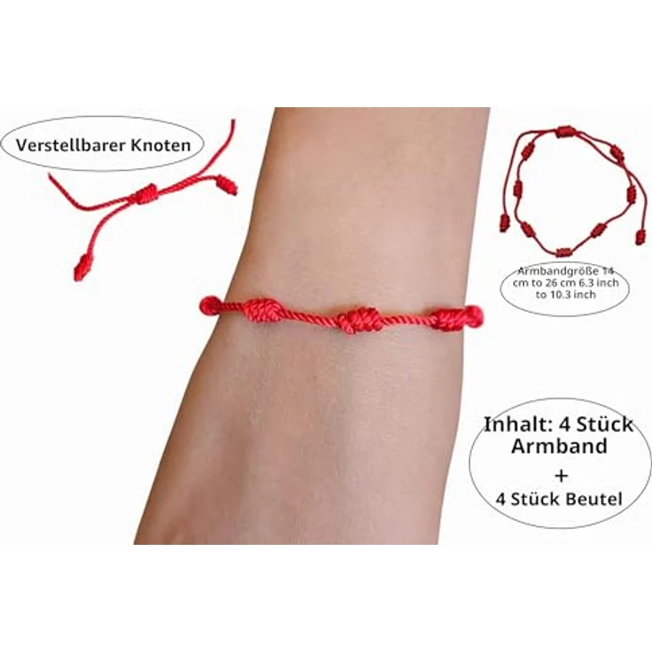 MYSTIC JEWELS Kabbalah Armband, verstellbar, rote Kordel mit 7 Knoten, Schutz vor bösen Augen, Unisex, 4 Stück – Bild 4