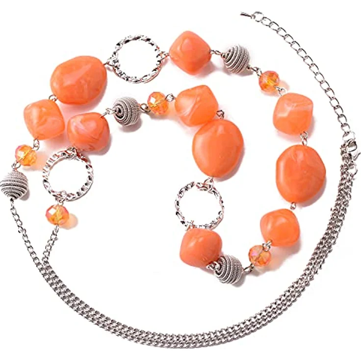 Bulinlin Silber Perplen Lange Kette für Damen, Boho Statement Chain Halskette in Dunkel Orange, 35+3 Zoll – Bild 2