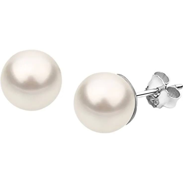 Nenalina Ohrstecker, 925 Silber Damen Ohrringe mit 8 mm weißen Glasperlen, eleganter Perlenschmuck für Frauen