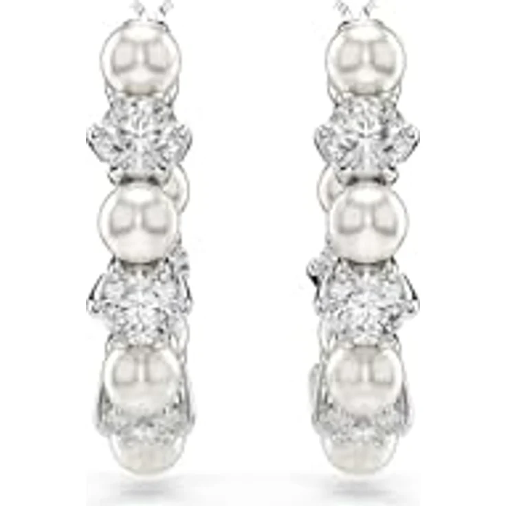 Swarovski Matrix Kreolen, Rhodinierte Damenohrringe mit Weißen Swarovski Kristallen und Kristallperlen, Größe: 1.8 x 0.4 cm – Bild 2
