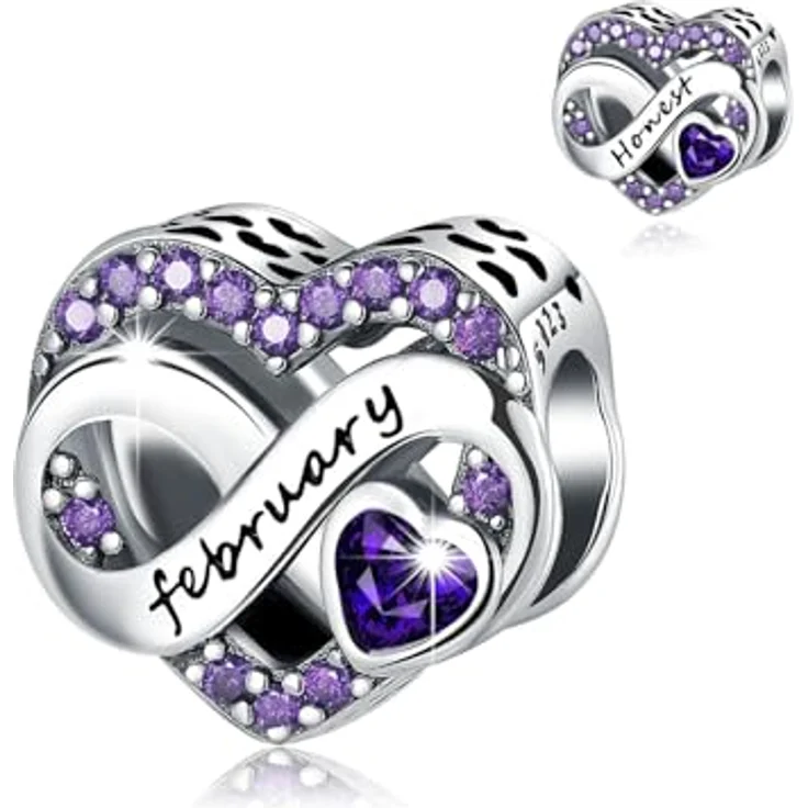 BIZK Damen Unendlichkeit Geburtsstein Charm Anhänger aus 925 Sterling Silber, lila Zirkon, für Armband und Halskette, Februar Geburtsstein, perfektes Geschenk für Frauen – Bild 1