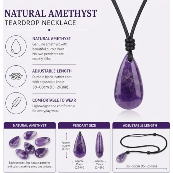 COAI Leder Halskette mit Amethyst Anhänger in Engel Träne Design, verstellbar von 38cm bis 68cm für Damen und Herren – Bild 3