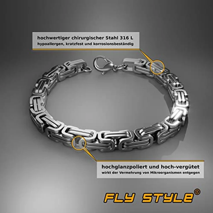 Fly Style Byzantiner Königskette Armband Herren, Edelstahl silber poliert, 9mm breit, 21cm lang, hypoallergen und kratzfest – Bild 3