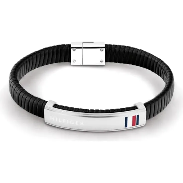 Tommy Hilfiger Jewelry Armband für Herren aus geflochtenem schwarzem Leder mit Edelstahl-Details, 19 cm, magnetischem Verschluss und emailliertem Flaggenlogo