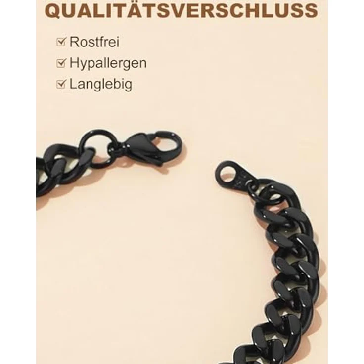 FindChic Herren Armband Schwarz Panzerkette aus Edelstahl, 9mm breit, 19cm lang, robustes Design für Hip Hop und Streetwear – Bild 5