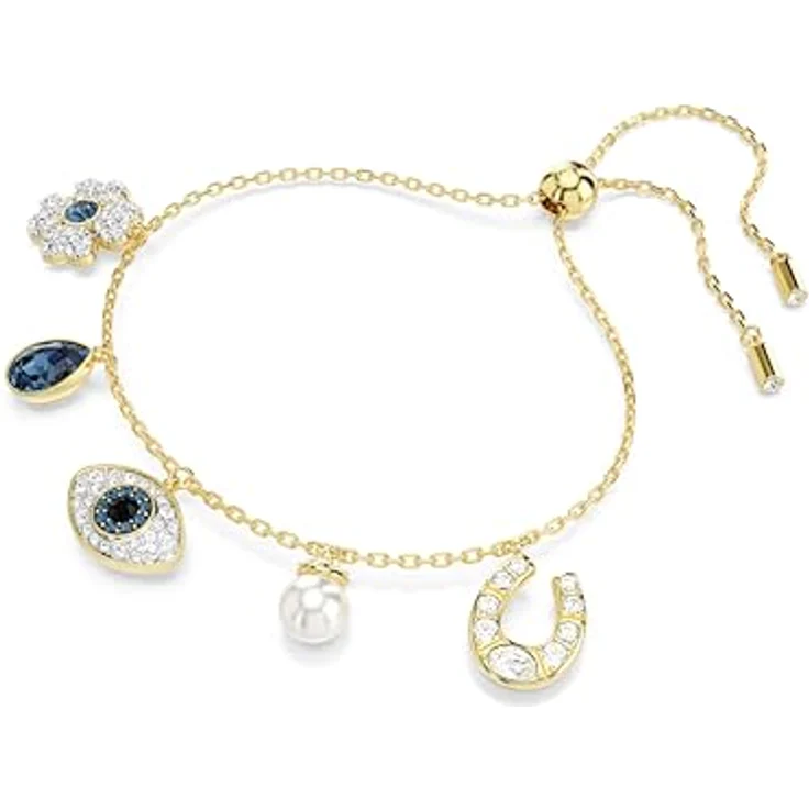 Swarovski Symbolica Armband, Blaues, Vergoldetes Bettelarmband mit Kristallperle, Glücksklee, „Evil Eye“ und Hufeisen – Bild 2
