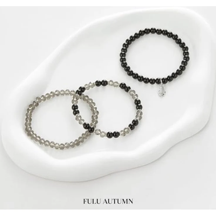 FULU AUTUMN Perlenarmband Set, Mehrschichtiges Stretch Damenarmband aus Naturstein und Kristall in Clear Black, Boho Modeschmuck für Mama, Oma und Frau - ideales Geburtstagsgeschenk – Bild 2