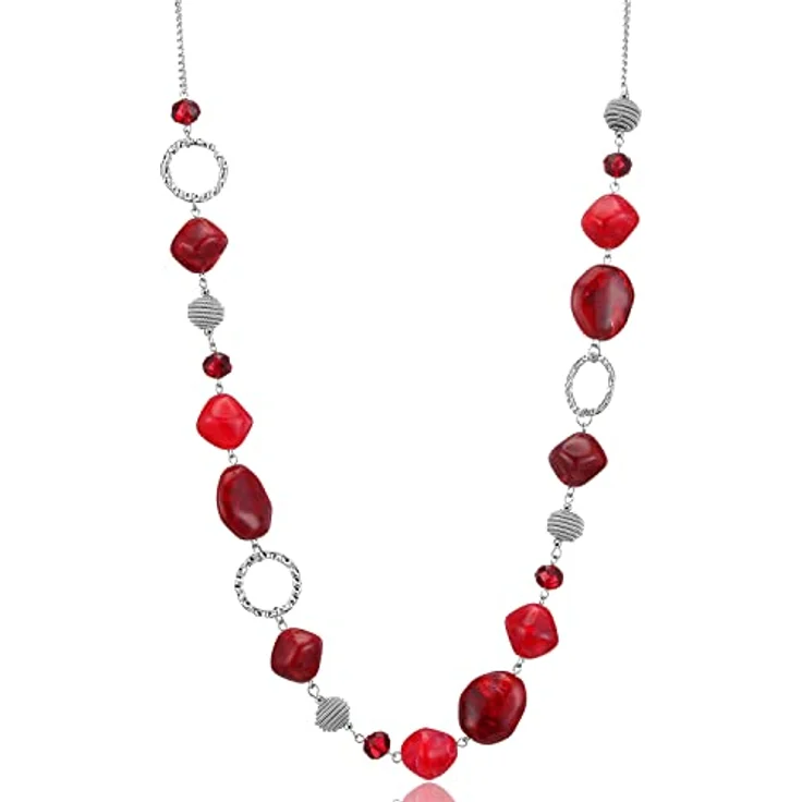 Bulinlin Silber Perplen Lange Halskette für Damen, Boho Statement Chain, 35+3 Zoll, Dunkel Hellrot, Modeschmuck Geburtstagsgeschenke – Bild 1