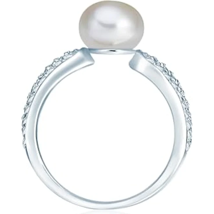 Valero Pearls Damen Perlenring aus 925/- Sterling Silber, Süßwasser-Zuchtperle 8-9 mm weiß, mit Zirkonia-Verzierungen, eleganter Bandring – Bild 3