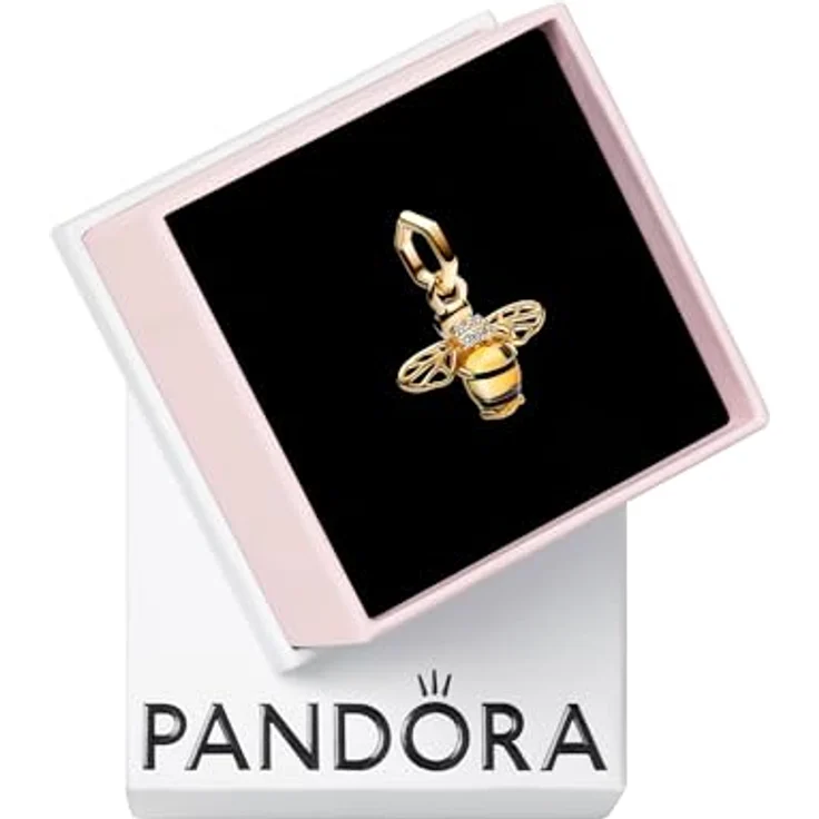 PANDORA Moments Funkelnde Biene Charm-Anhänger, 14 Karat vergoldete Metalllegierung mit Cubic Zirkonia und gelbem Cabochon, kompatibel mit Moments, 762672C01 – Bild 1