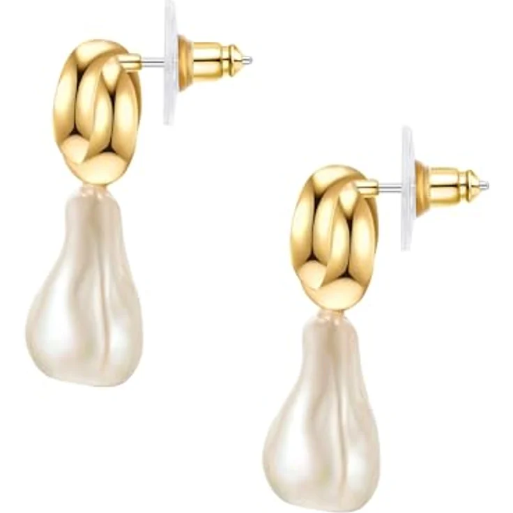 Yokoamii Damen Ohrringe, gelbvergoldet 14 Karat mit barock Muschelkernperle 12,0-12,5 mm, Modeschmuckohrhänger mit Steckverschluss – Bild 2