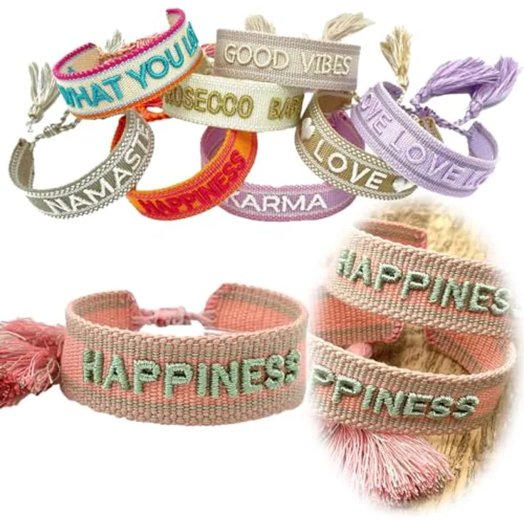 LS-LebenStil Exklusives Statement Armband - Happiness Lache, Sage Grün, 16-20cm, bestickt, Boho Canvas Webarmband mit Quasten