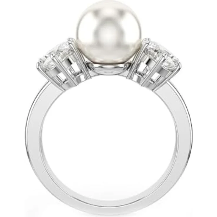 Swarovski Matrix Cocktailring, Weißer, Rhodinierter Ring mit Kristallperle und Strahlenden Rundschliff-Kristallen – Bild 2