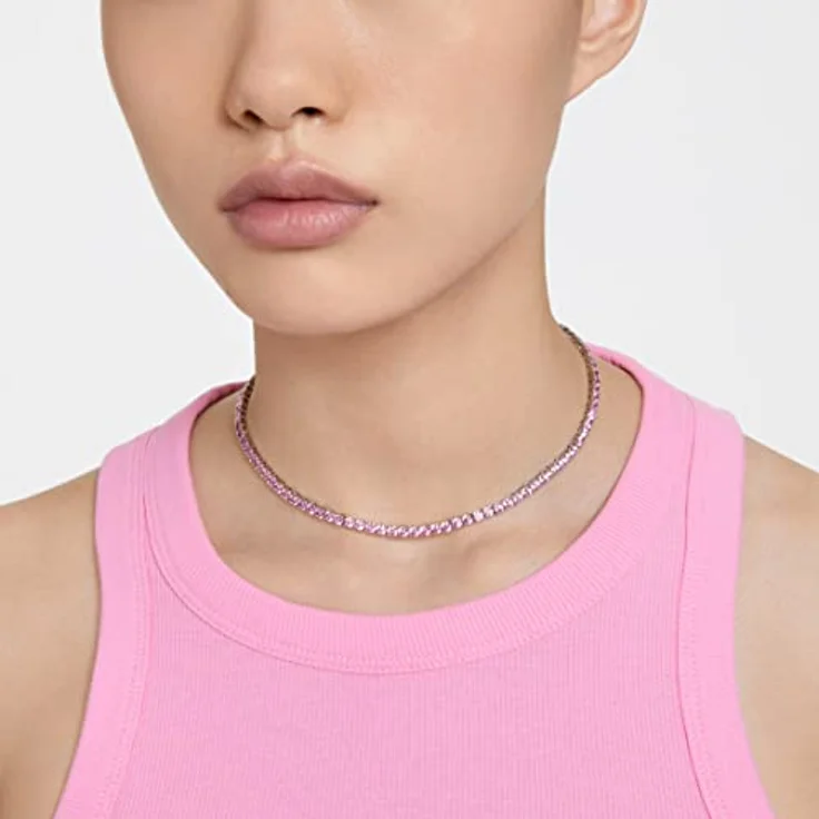 Swarovski Matrix Tennis Halskette, Rundschliff mit violett-rosafarbenen Kristallen, rhodiniert – Bild 5