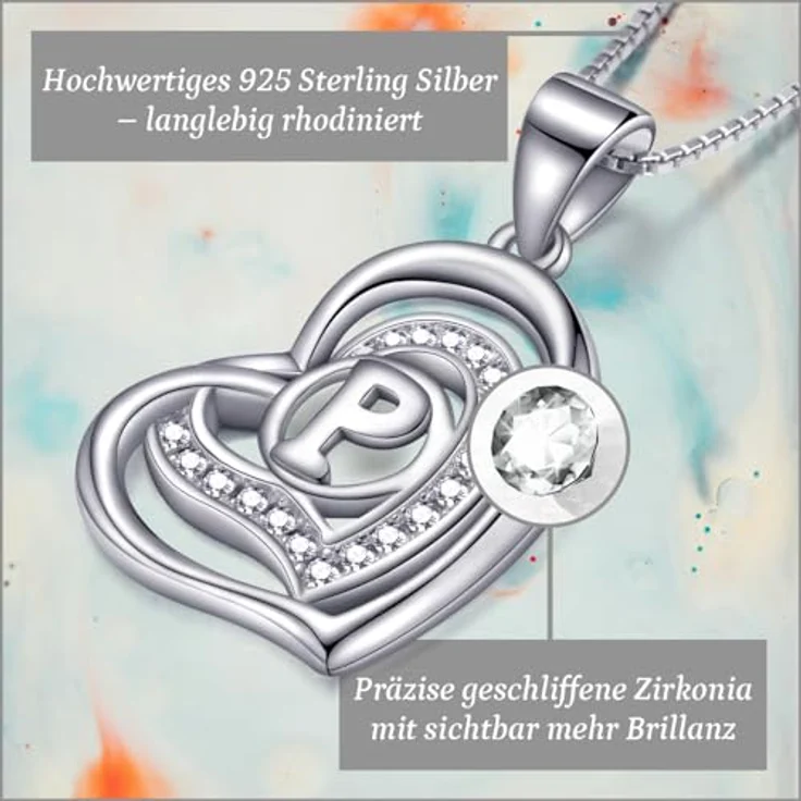 Morella Damen Halskette Herz Buchstabe P, 925 Silber rhodiniert mit weißen Zirkoniasteinen, 46 cm – Bild 2