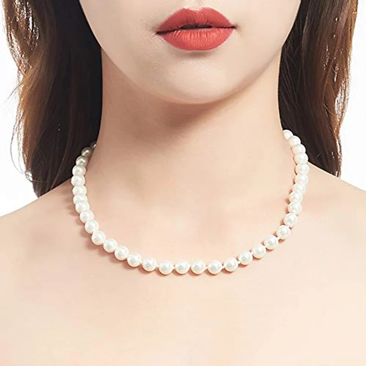 Bulinlin Damen Choker Halskette mit 8mm Weißen Muschelperlen und Silbernen Kupferperlen, Boho Statement Schmuck für Frauen, Allergiefrei mit Geschenkbox – Bild 2